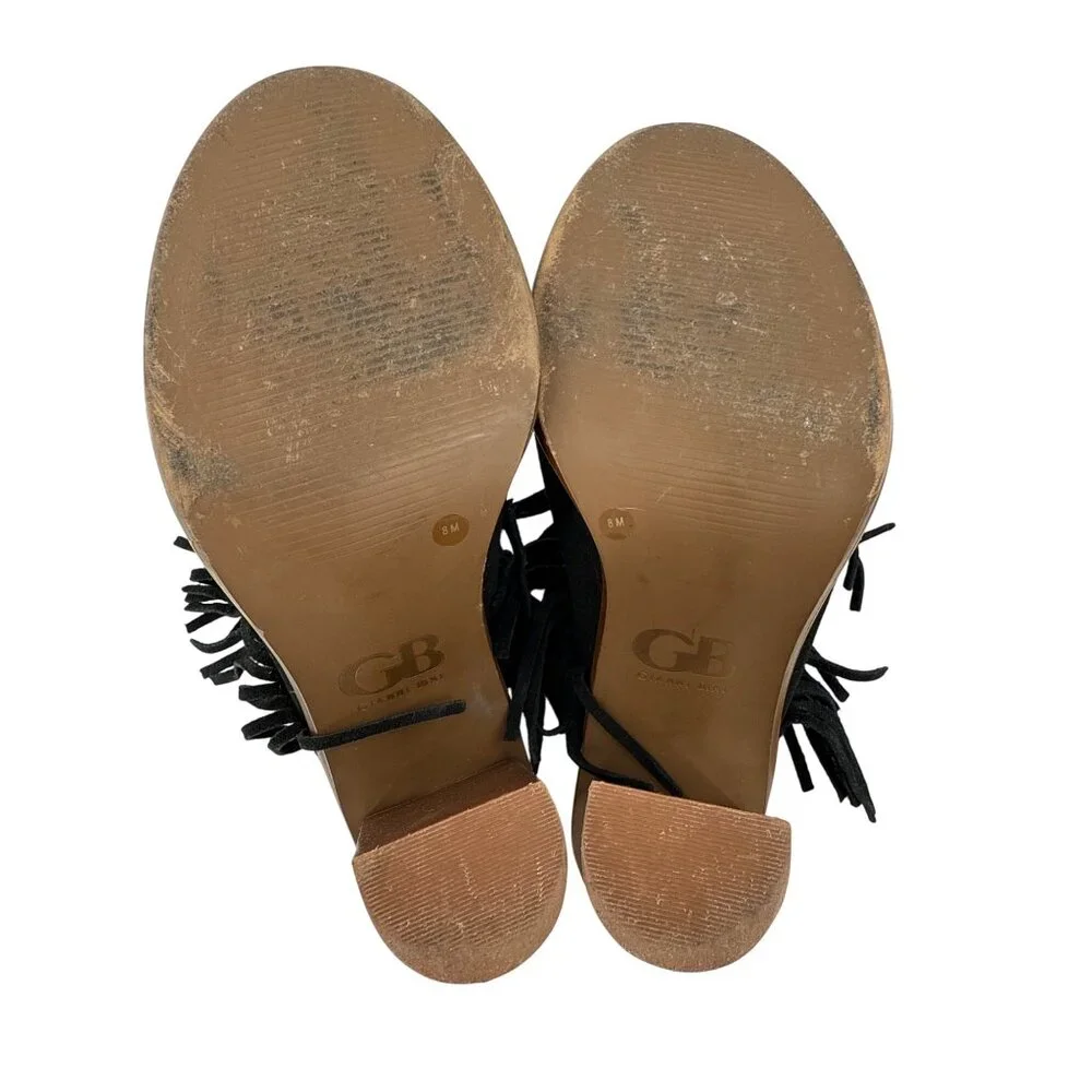 Gianni Bini Black Suede Fringe Block Heel Mules Size 8M Road‎ Tripz